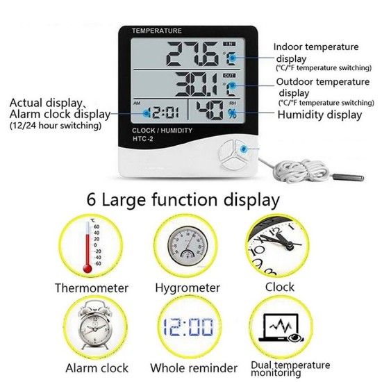 Indoor Outdoor hygrometer thermometer Weather Station with Clock, HTC-2 