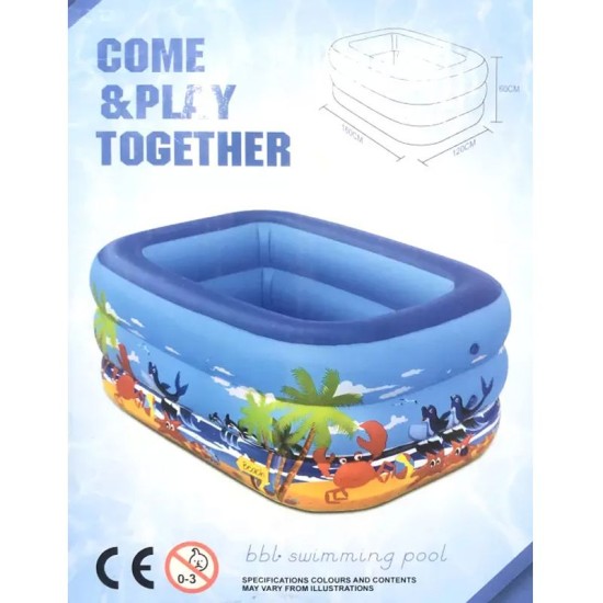 Swimming Water Pool Rectangle Blue For Kids - 120cm / Inflatable 2 Ring Swim Bath Tub For Children Baby