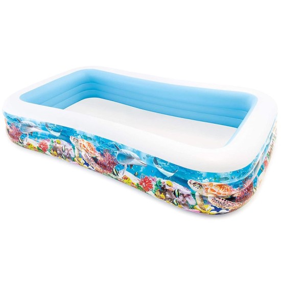 Swimming Water Pool Rectangle Blue For Kids - 305cm / Inflatable 3 Ring Swim Bath Tub For Children Baby