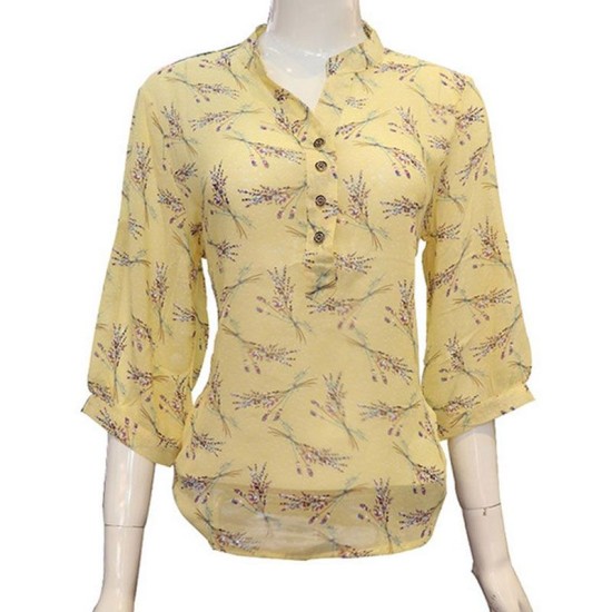 Women Chiffon Floral Printed Yellow Shirt